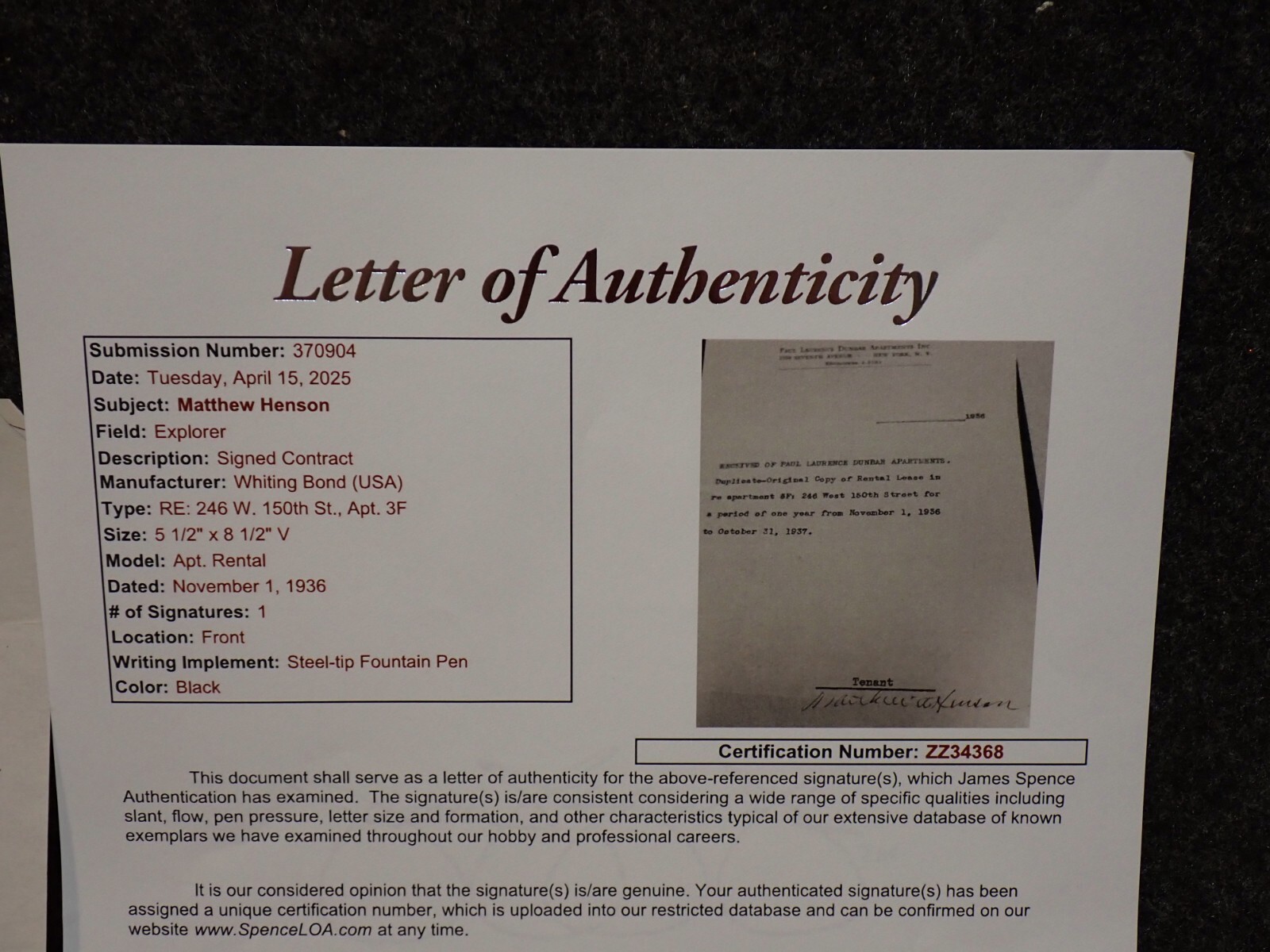 1936 MATTHEW A HENSON AFRICAN AMERICAN ARTIC POLE EXPLORER SIGNED LEASE CONTRACT