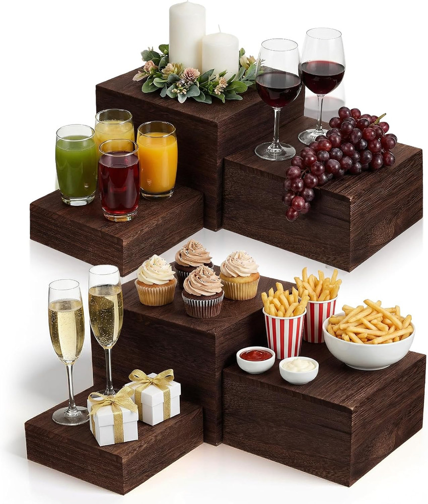 Wooden Display Risers Set - 6 Pcs Stackable Rustic Stands for Events and Decor