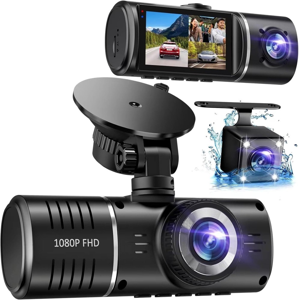 Triple Dash Camera 170° Front + 150° Cabin + Rear Waterproof