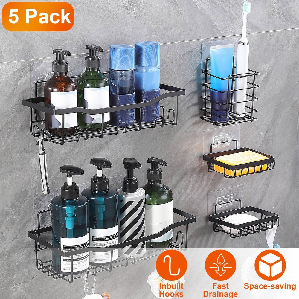 5 Pack Shower Caddy Shelves Rustproof Wall-Mounted Storage Shelves+18 Hooks Rack