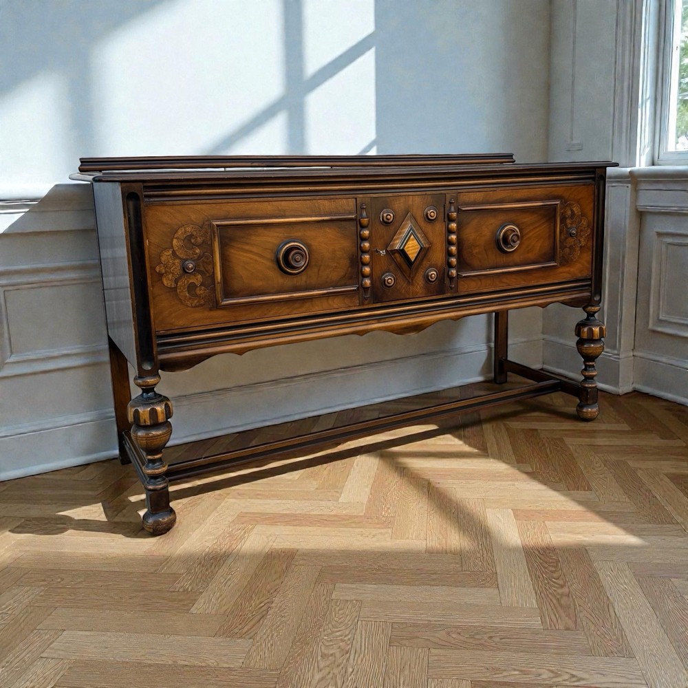 Antique Walnut Jacobean Revival Sideboard Buffet Server Console Cabinet