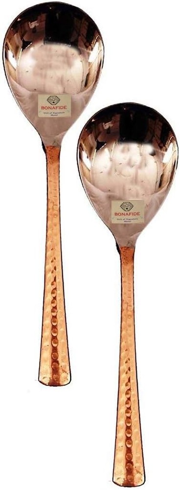 Copper Serving Spoon Set 2 Indian Wooden Handle Flat Dinningware Serveware