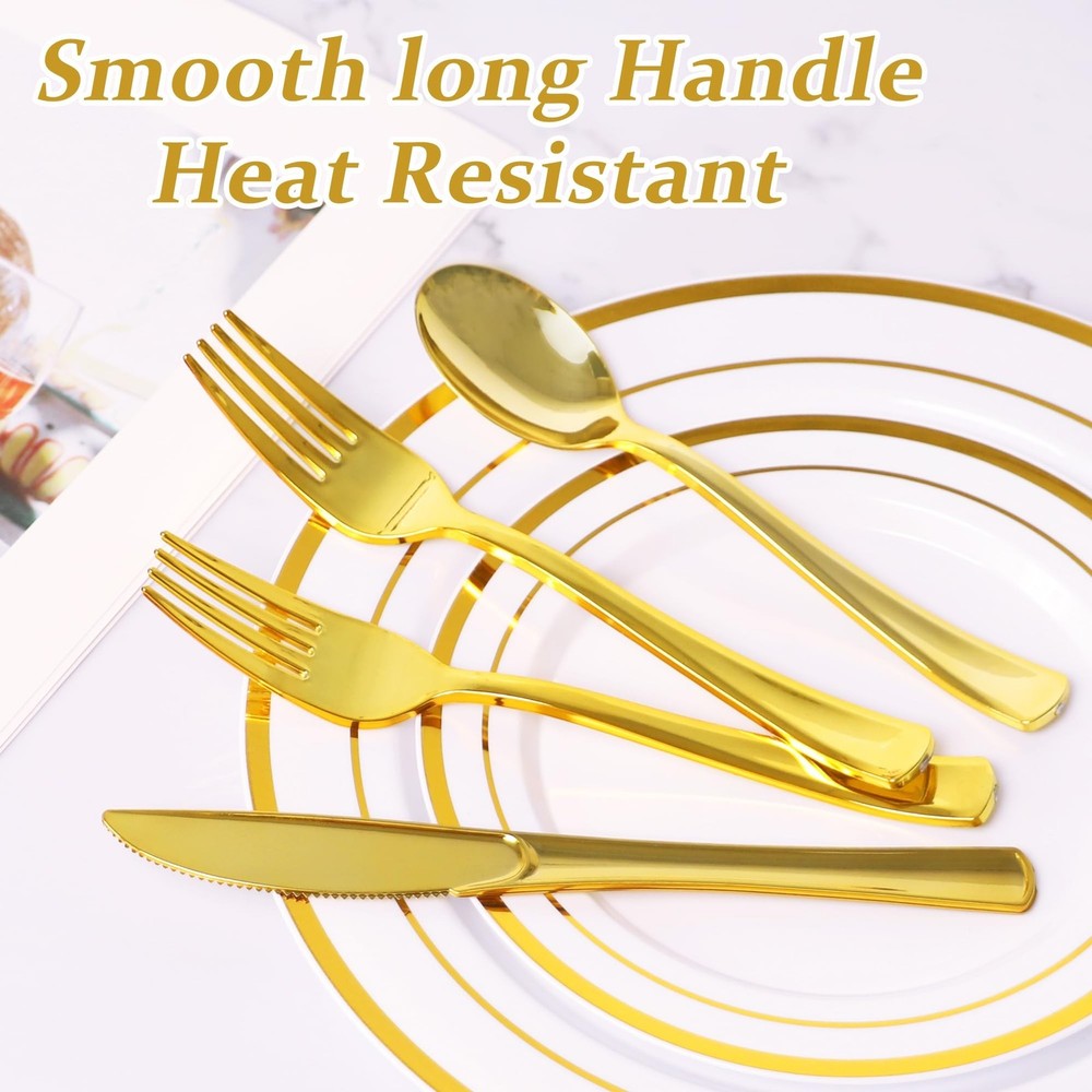 60PCS Gold Plastic Silverware Heavy Duty Plastic Cutlery Set Gold Silverware ...