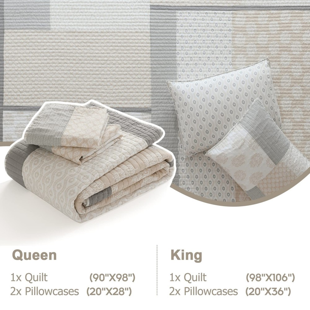 Finlonte Quilt Set King Size - 100% Cotton King Comforter Set, Patchwork Beds...