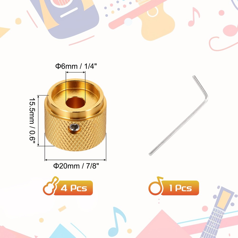 4PCS Guitar Knobs Metal, Volume Tone Knobs 1/4" x 7/8" x 0.6", Gold