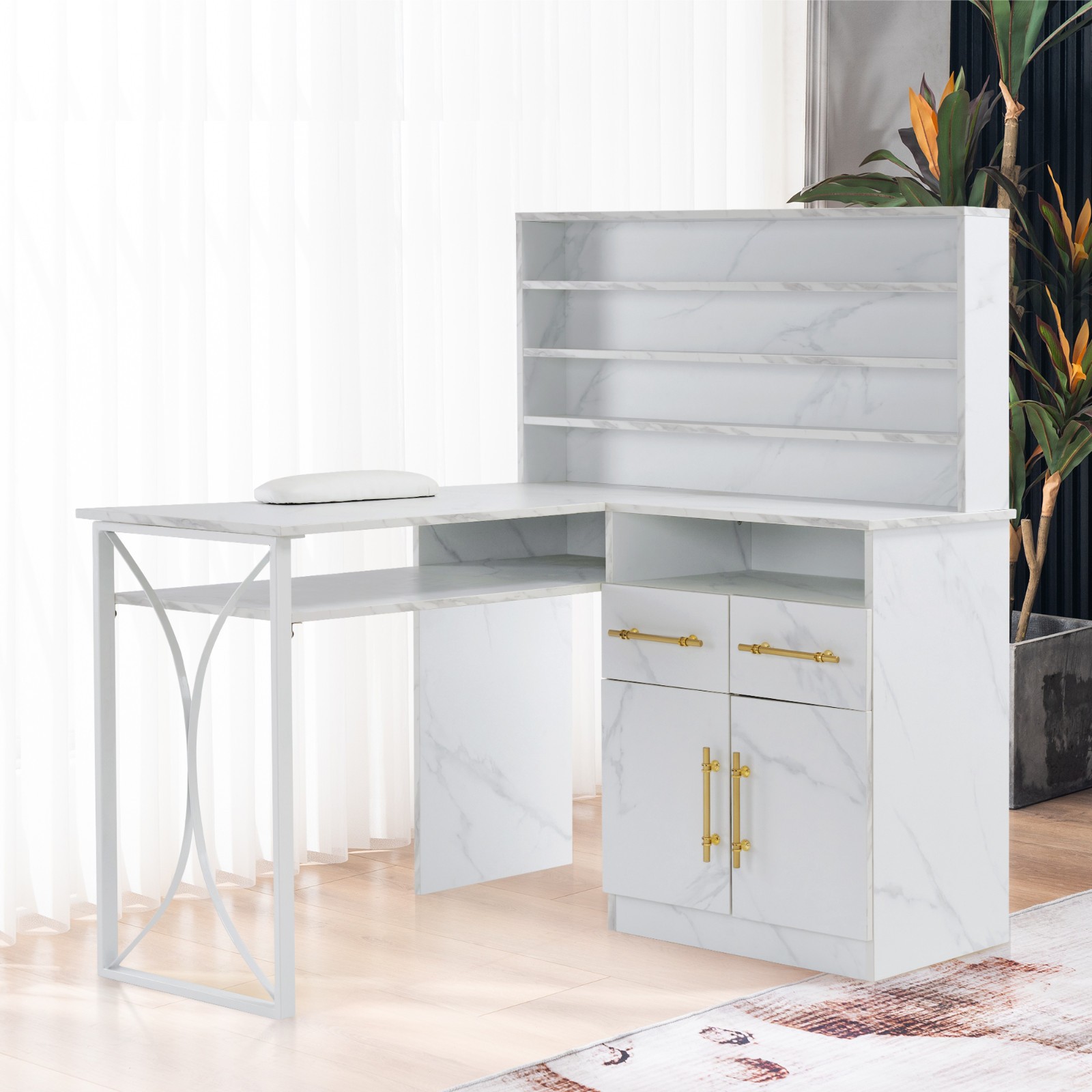 L-shaped Nail Desk for Storage, Versatile Manicure Table with Drawers & Cabinets