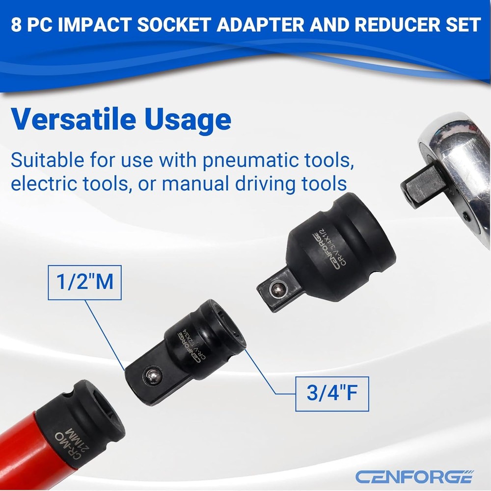 8-PC Impact Socket Adapter and Reducer Set, 1/4" 3/8" 1/2" 3/4" Drive Socket...