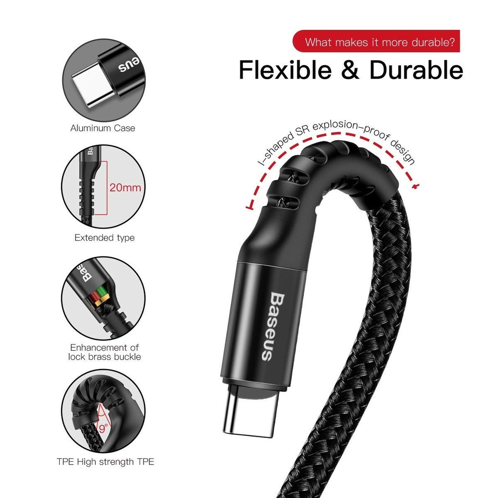 Baseus USB Type C Cable for Car, Retractable Cable(3FT) Curly 3.3ft, Black