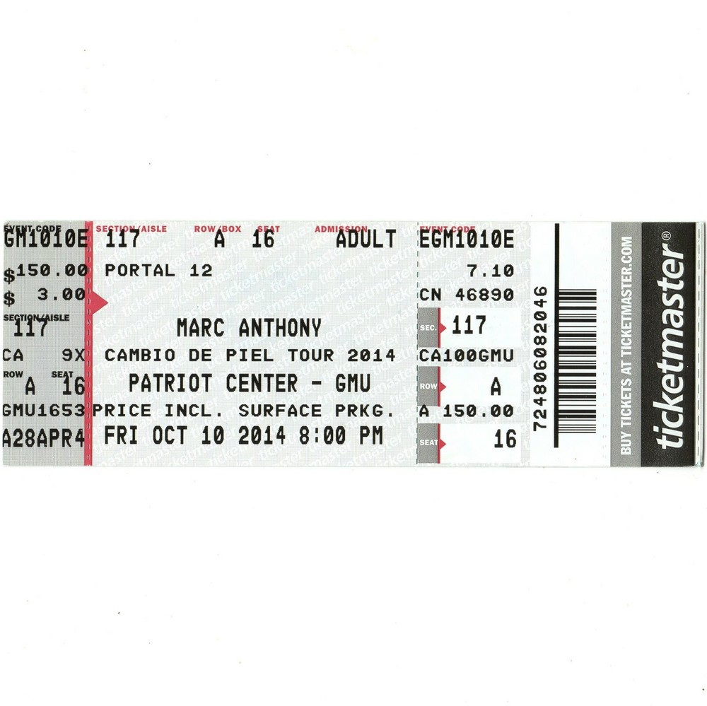MARC ANTHONY Full Concert Ticket Stub FAIRFAX VA 10/10/14 CAMBIO DE PIEL TOUR