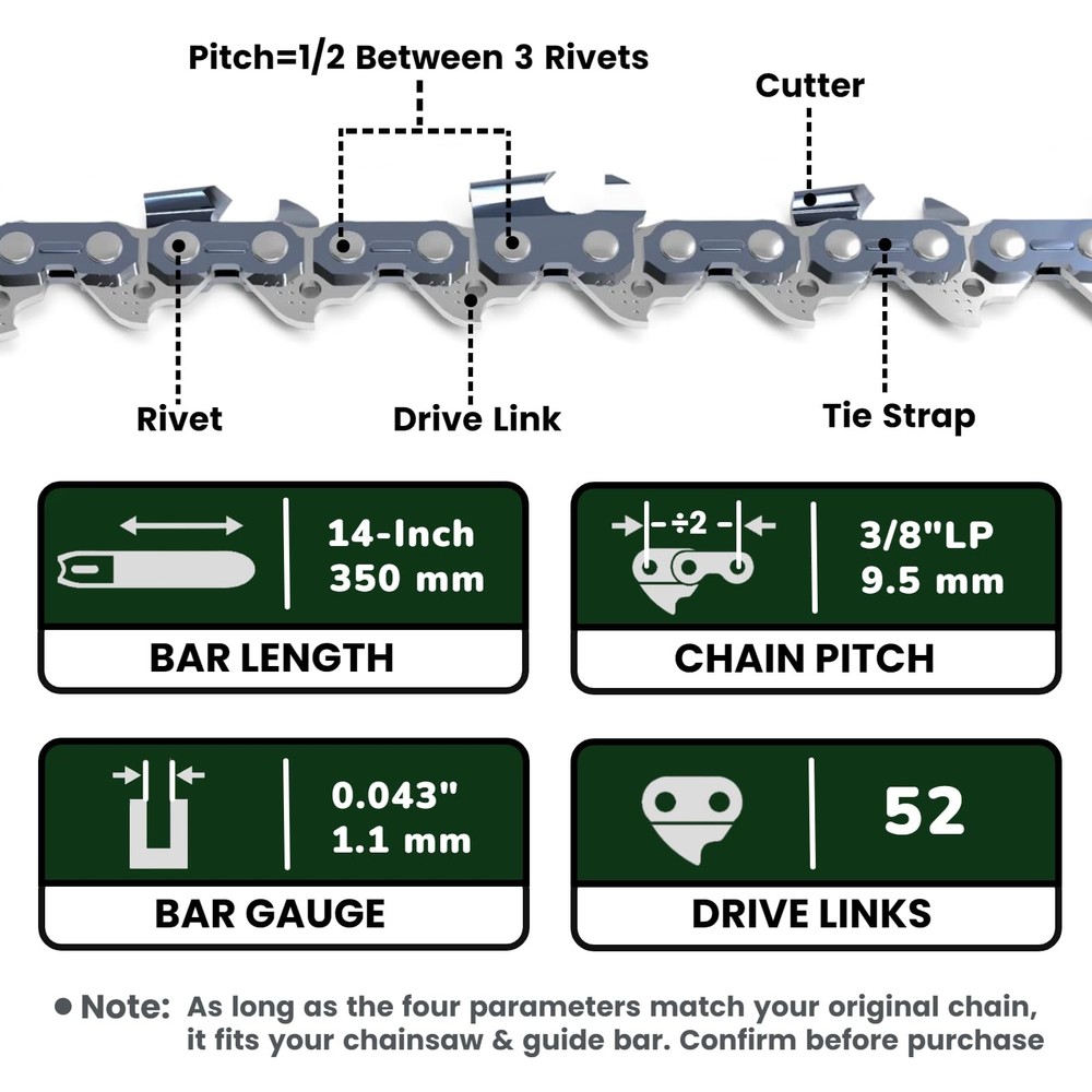 New 14" Chainsaw Chain 3/8"LP .043" 52DL Semi-Chisel Low-Kickback Replace Oregon