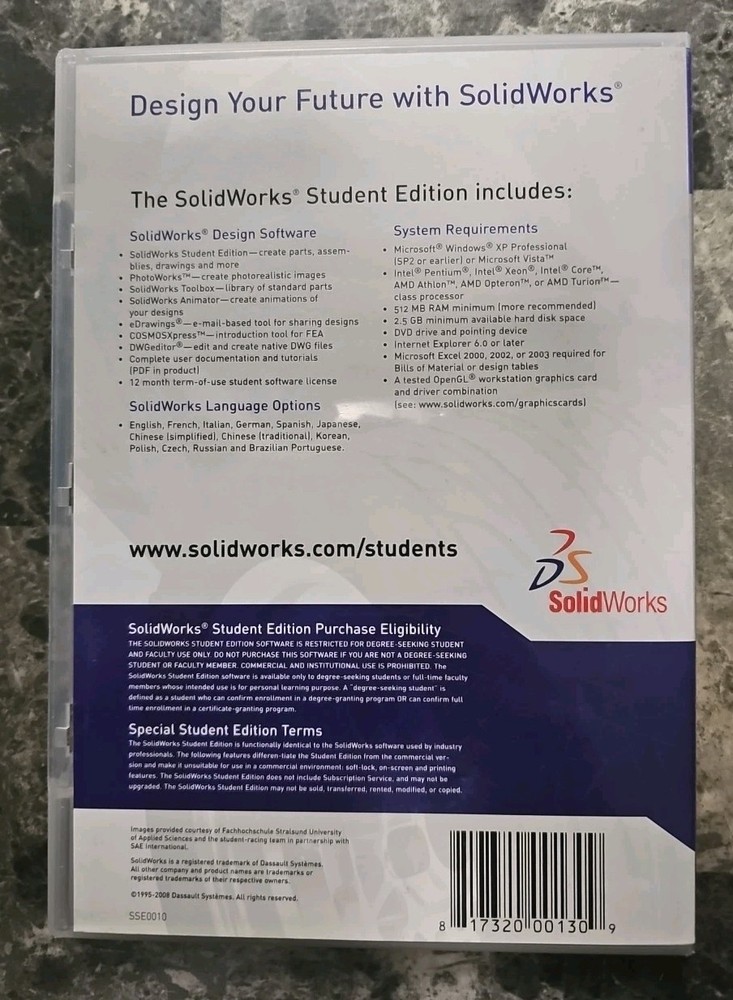 SOLID WORKS W-Cosmos Student Edition Software Pre-Owned DVD 2007 w-S/N