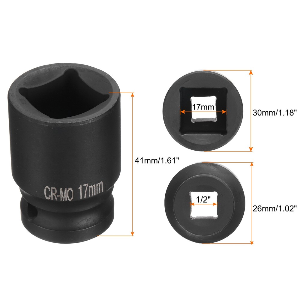 4 Point Square Socket - 1/2" Drive 17mm Metric CR-MO Square Impact Wheel Socket