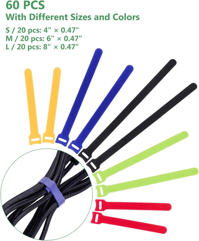 Oneleaf 60 Pcs Reusable Fastening Cable Ties with Hook and Loop, Multi-Purpose C