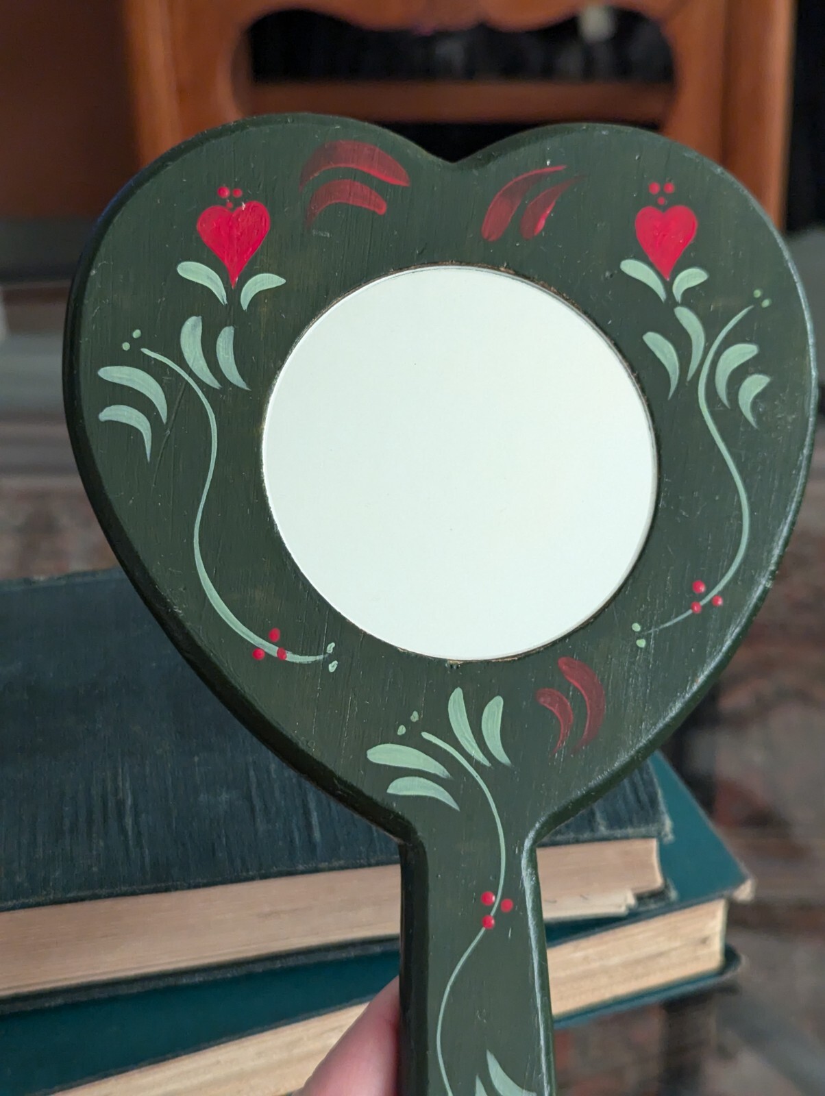 Vtg Hand Mirror Vanity Folk Art Handmade Home Green Wood Tole Painted Floral