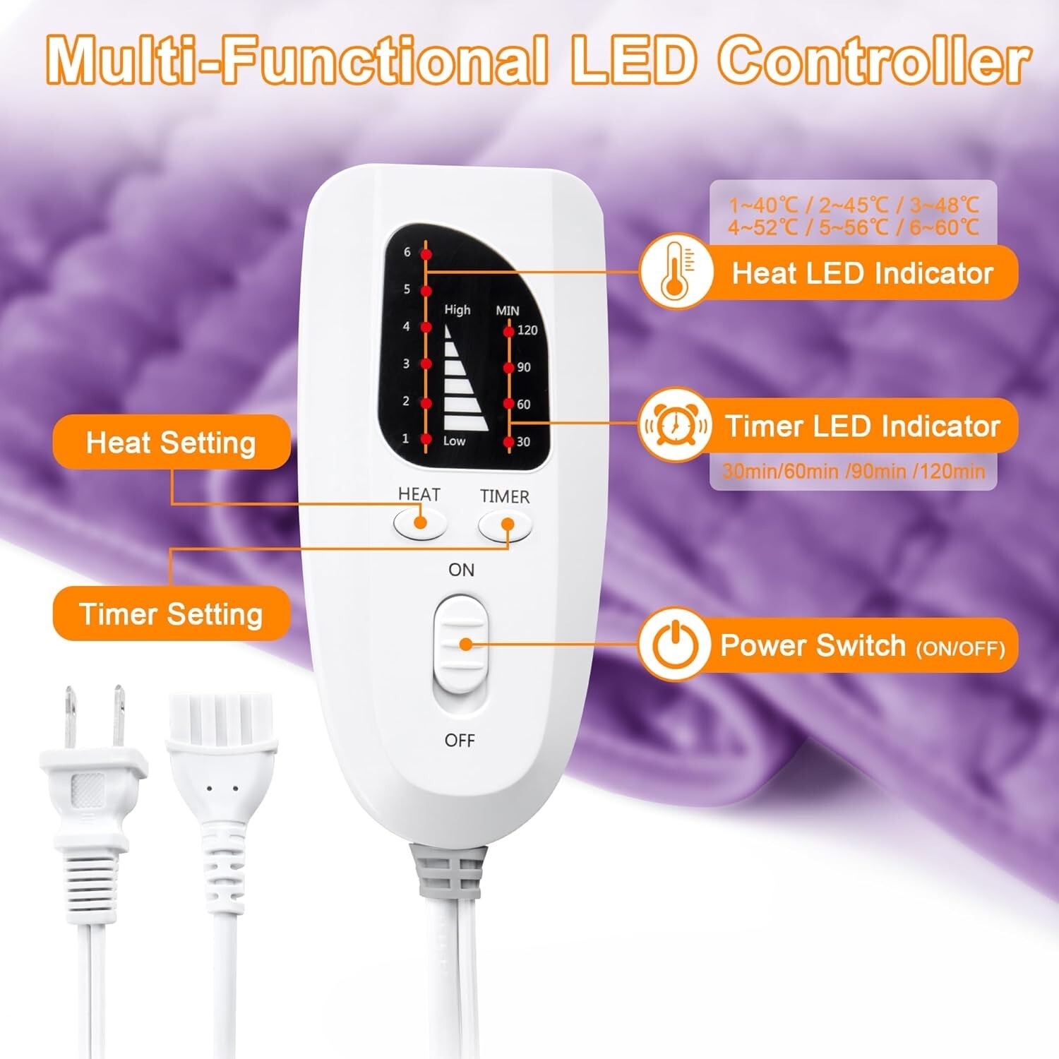 Electric Heating Pad For Back Pain & Cramps Relief 12"x24"6 Level Auto Shut Off