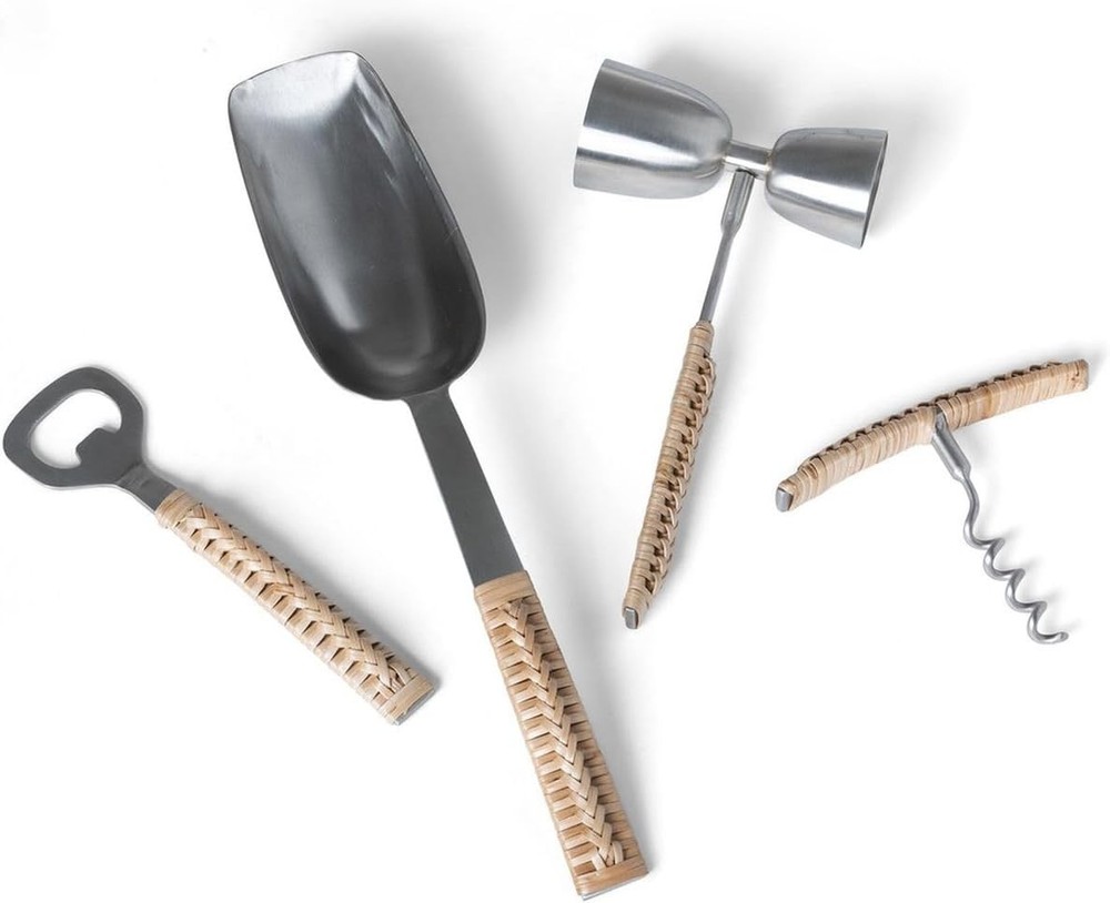 Woven Bamboo Handle Bar Tools 5 Piece Set Cocktail Essentials