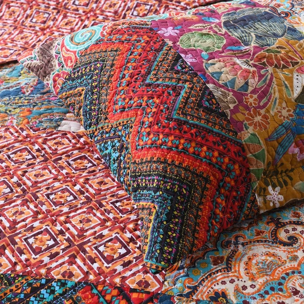 Cotton Patchwork Bedspread Quilt Sets, Reversible Bedding Coverlet Sets, Red ...