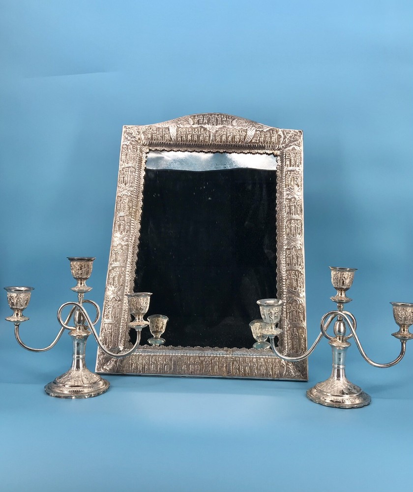 Middle Eastern,carved set Candlestick & Sheet Mirror 84 SOLID Silver 2800 grams