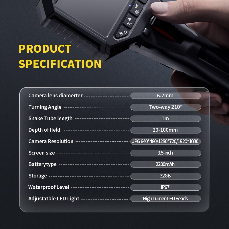 Ralcam Two-Way 210° Inspection Borescope 6.2mm Endoscope Camera 3.3ft Semi Rigid