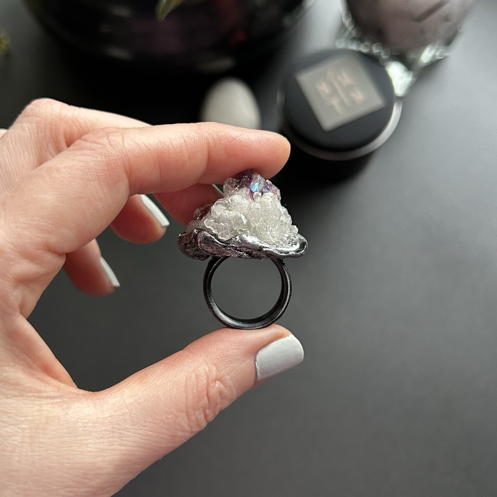 Handcrafted Statement Ring Rough Clear Purple Asymmetrical