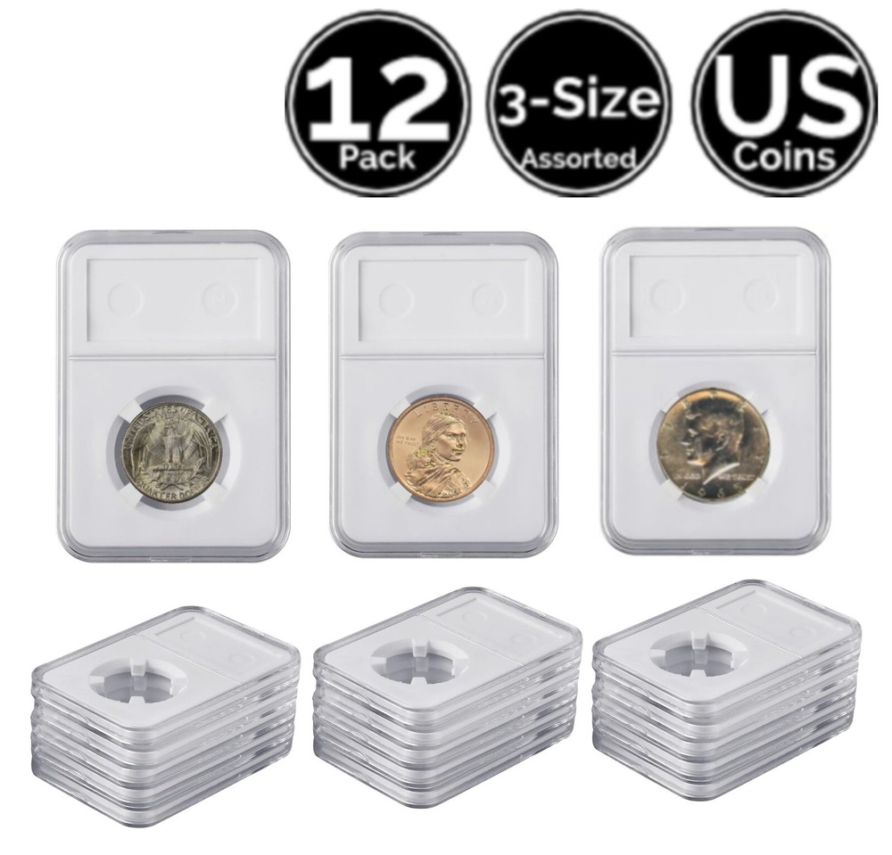 12 Pack 3 Size Assorted Slab Coin Snap Holder For US Quarter Half Small Dollar