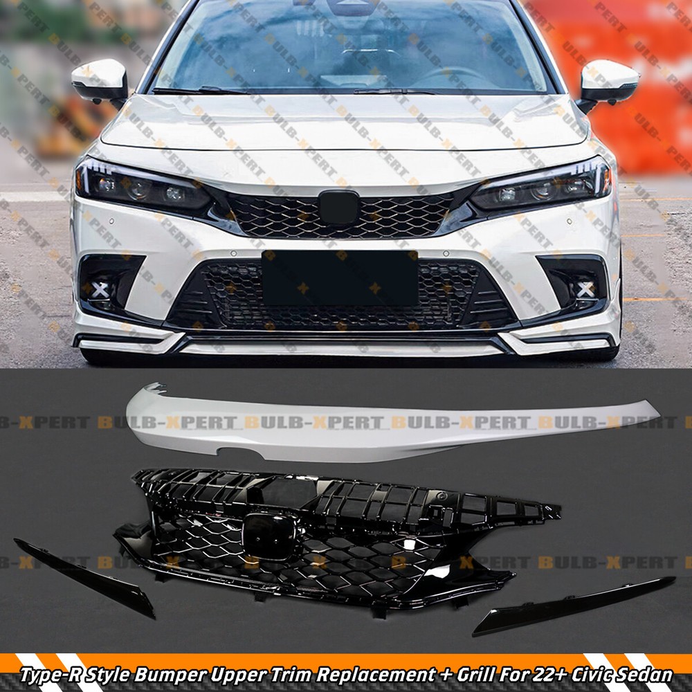 TYPE-R STYLE WHITE UPPER TRIM REPLACEMENT+UPPER GRILL FOR 2022-2024 HONDA CIVIC