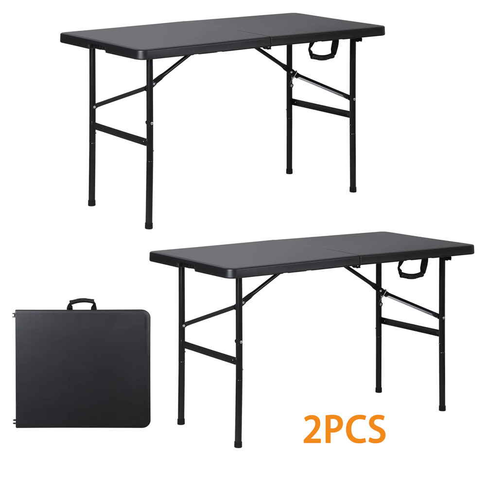 2PCS Folding Table 4FT Fold-in-Half Utility Dining Table for Camping w/ Handle