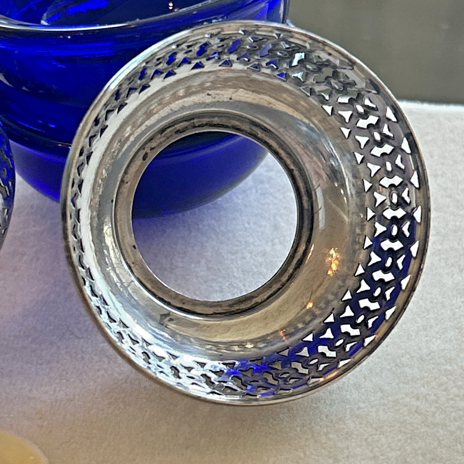 Lot of 2 Antique Webster Salt Cellars 2 Spoons Sterling Silver Blue Cobalt Glass