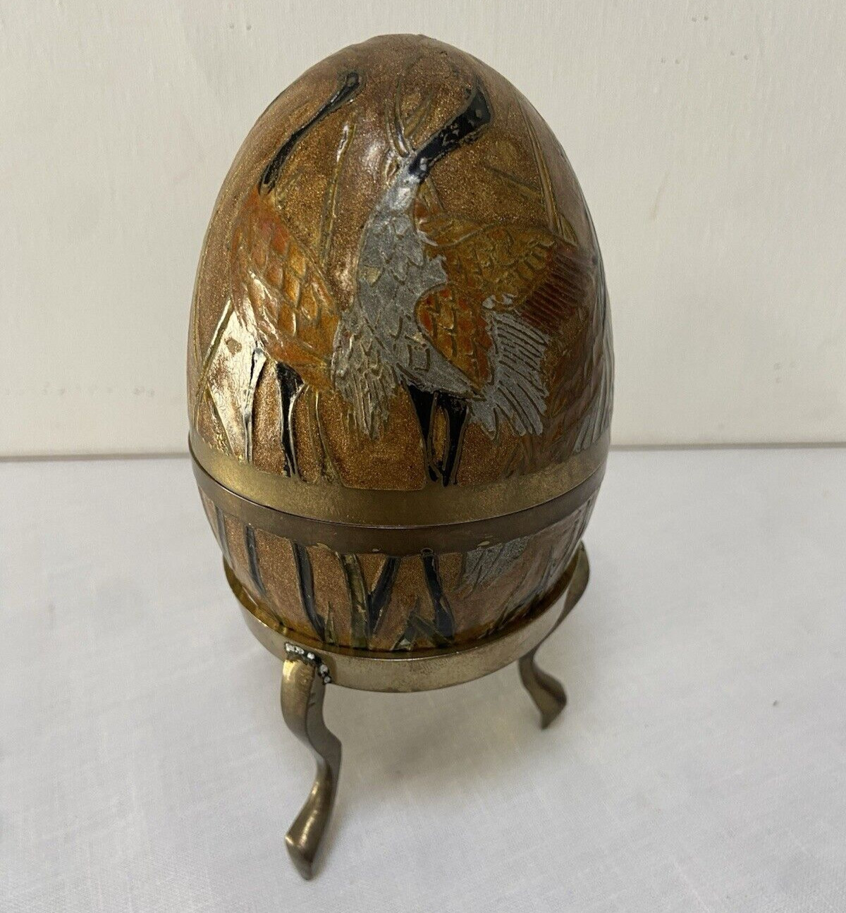 Solid Brass Egg & Stand Cloisonne Painted Trinket Box Ornate Enamel India Birds