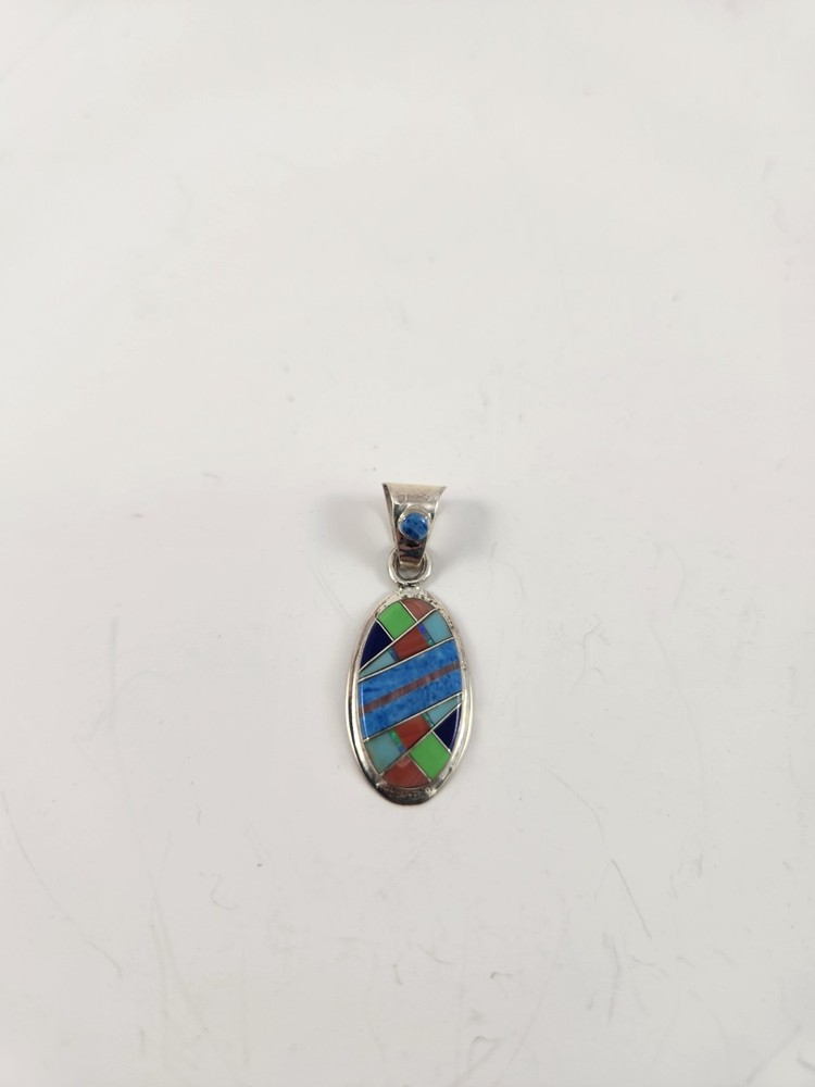 Native American Hand Crafted Multicolor Inlay Sterling Silver Pendant