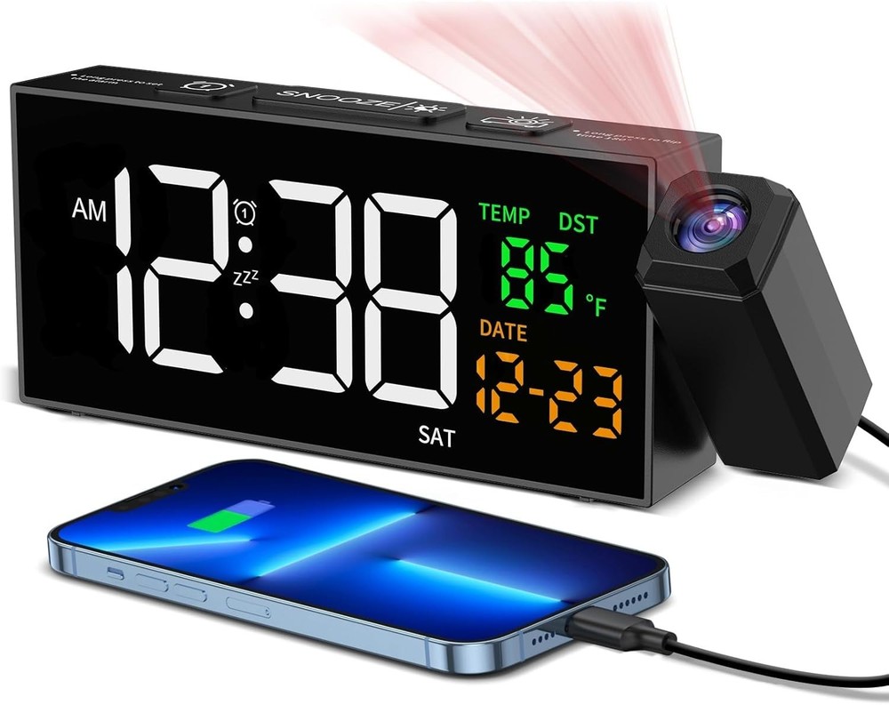 Clear LED Projection Alarm Clock: 3-Level Brightness and Snooze Functionality