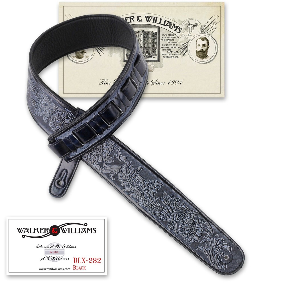 Walker & Williams DLX-282 Black Leather Padded Strap with Embossed Tooling