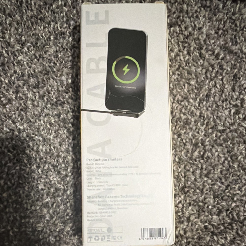 Basemo 240W Fast Charging USB-C Cable, Foldable Holder, E-marker, 1.5m