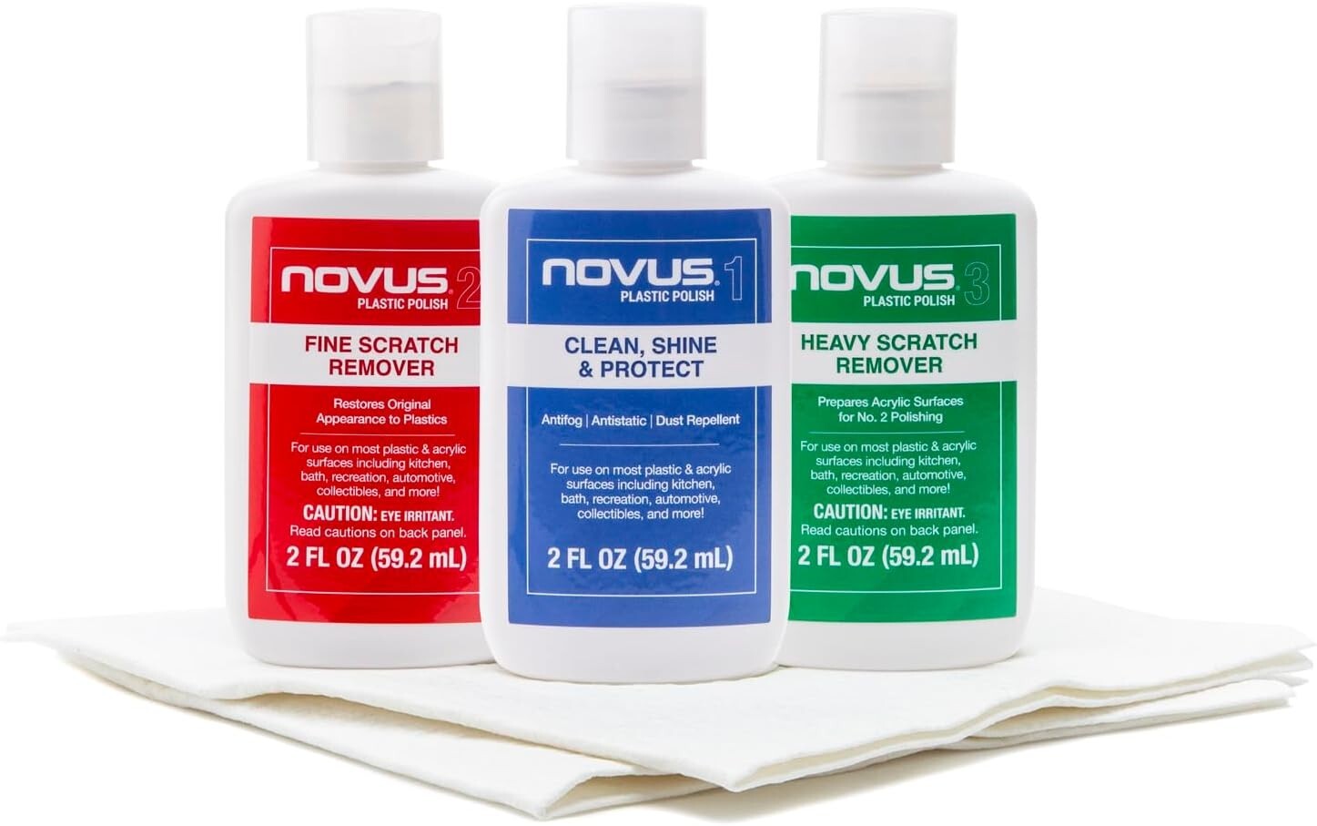 Novus Plastic Polish Kit #1, #2, & #3, 2oz. Bottles w/ Premium Polish Mates