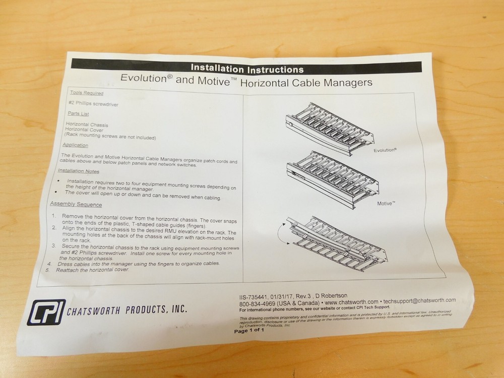 35441-701 Evolution Horizontal Cable Manager Single-Sided 1U x 19" x 8.2" Deep
