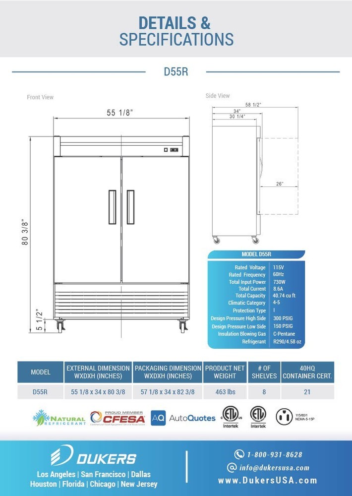 DUKERS D55R, Bottom Mount 2-Door REFRIGERATOR