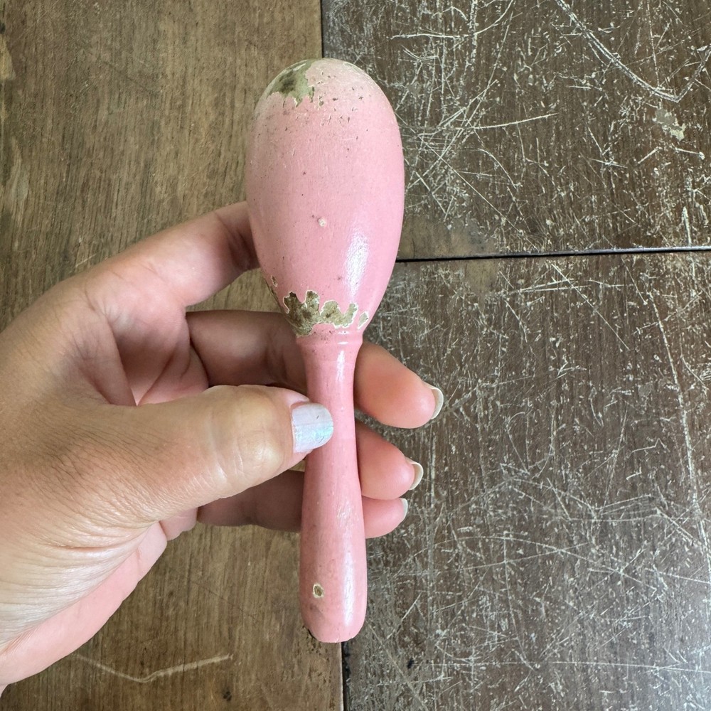 Antique Vintage Solid Wood Pink Chippy Paint Darning Egg