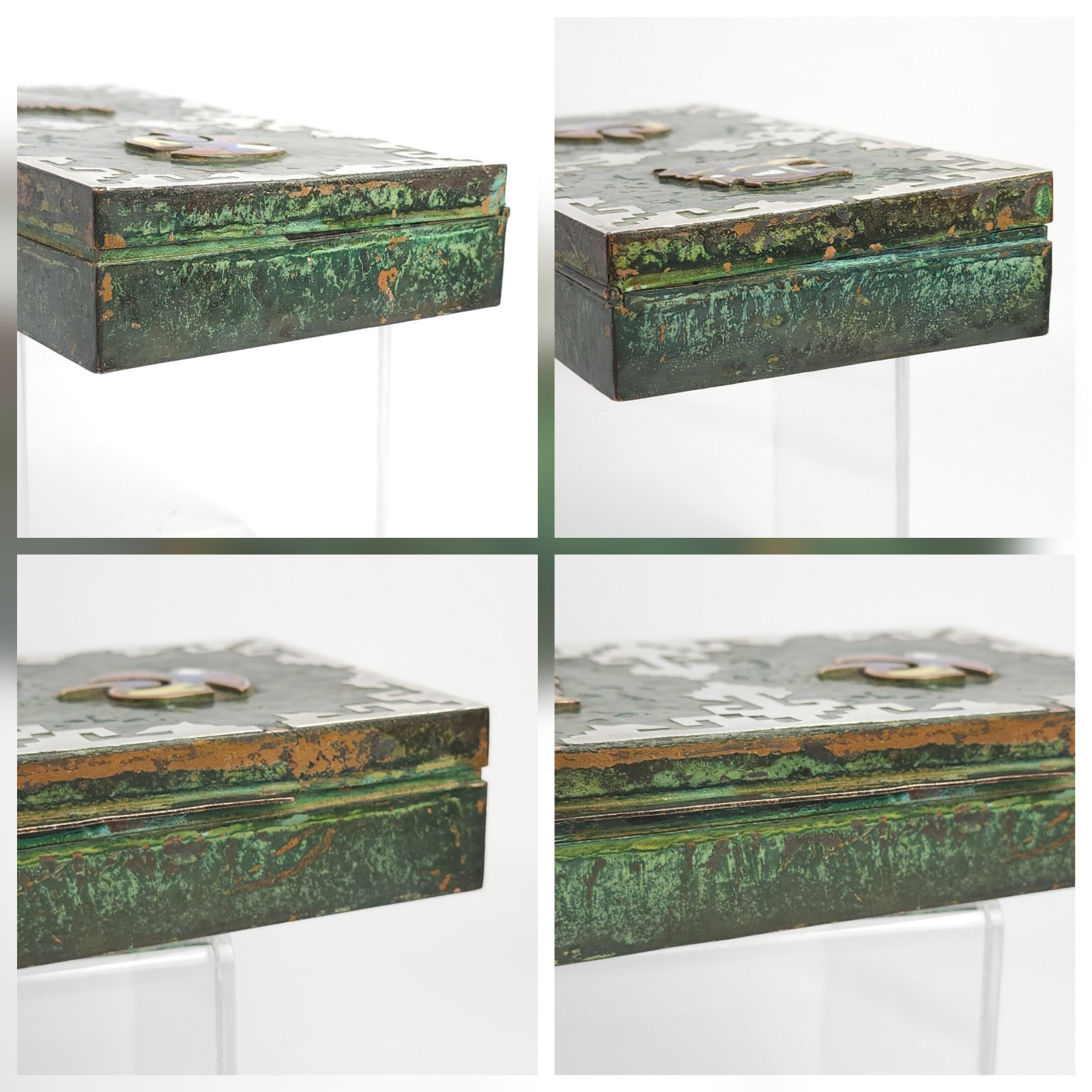 Vintage Peru Enameled Copper Cigarette Trinket Box Silver Tone Metal Bird Bull