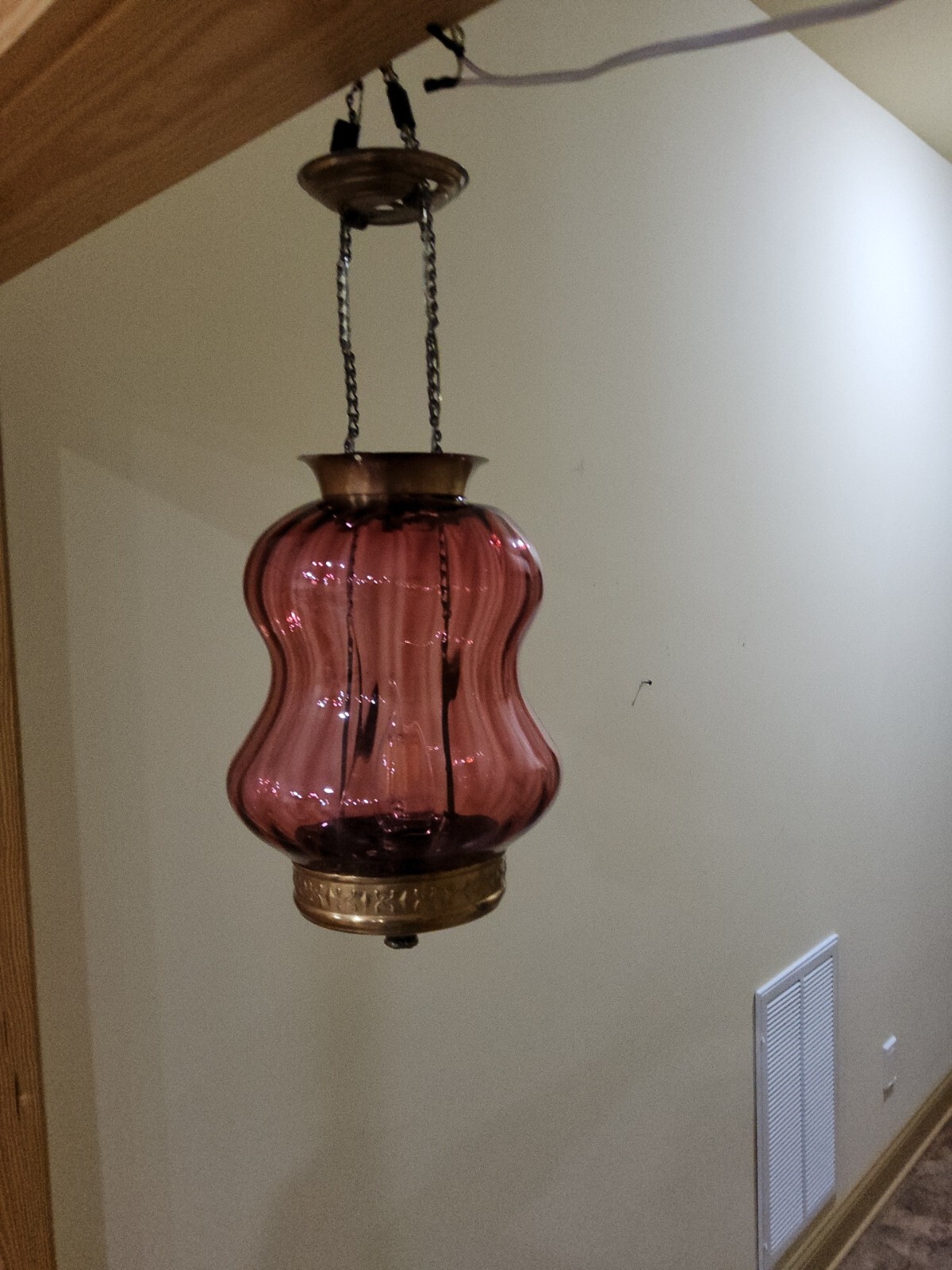 ATQ Victorian Cranberry Opalescent Striped Red Glass Pendant Ceiling Hall Light