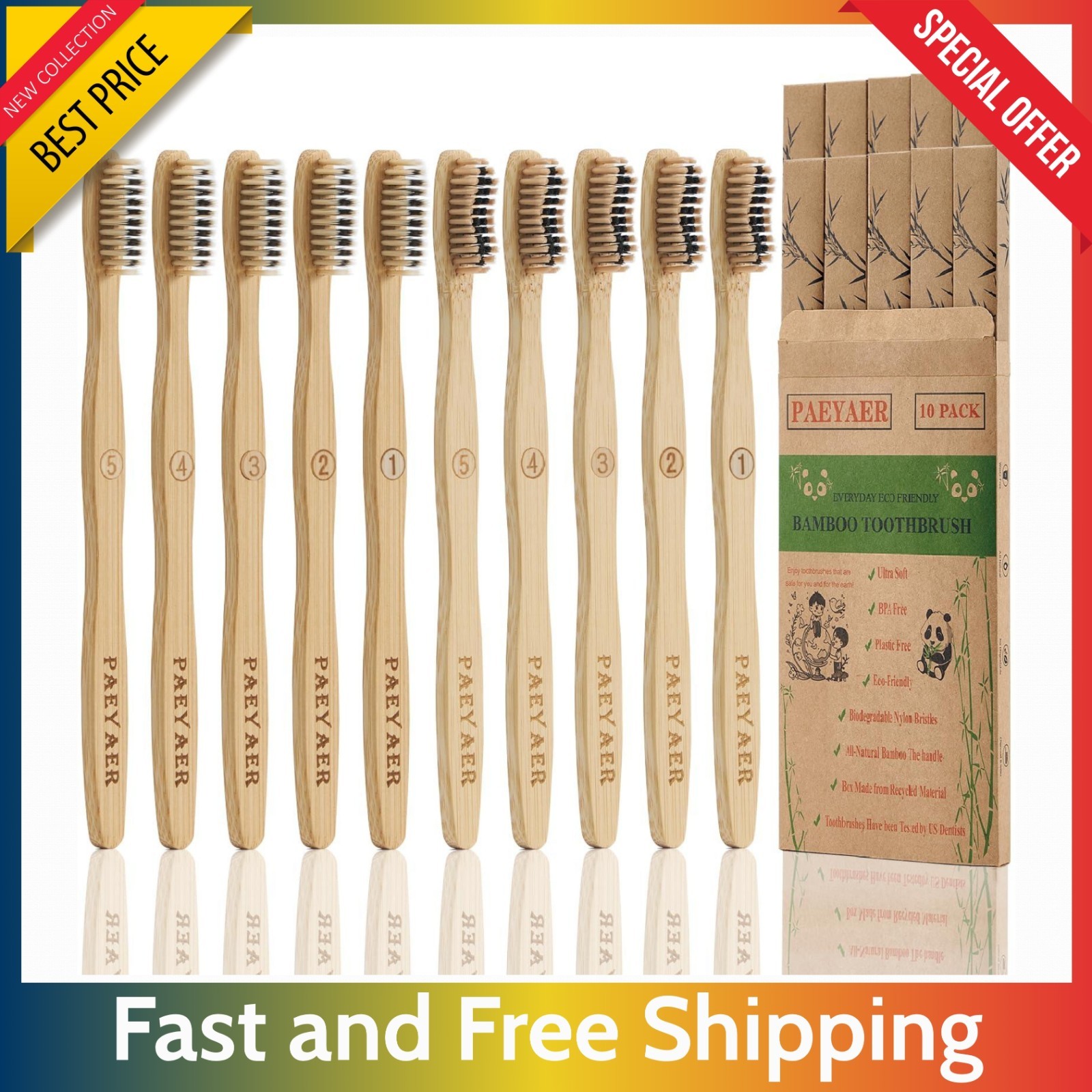 10 Pack Bamboo Toothbrushes – Charcoal Soft & Medium Bristles, Eco Friendly Wood