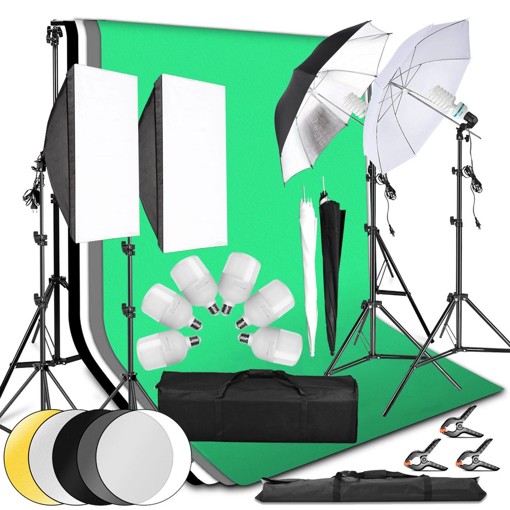Photography Studio Softbox Umbrella Lighting Set with Cotton Backdrop Stand Kit