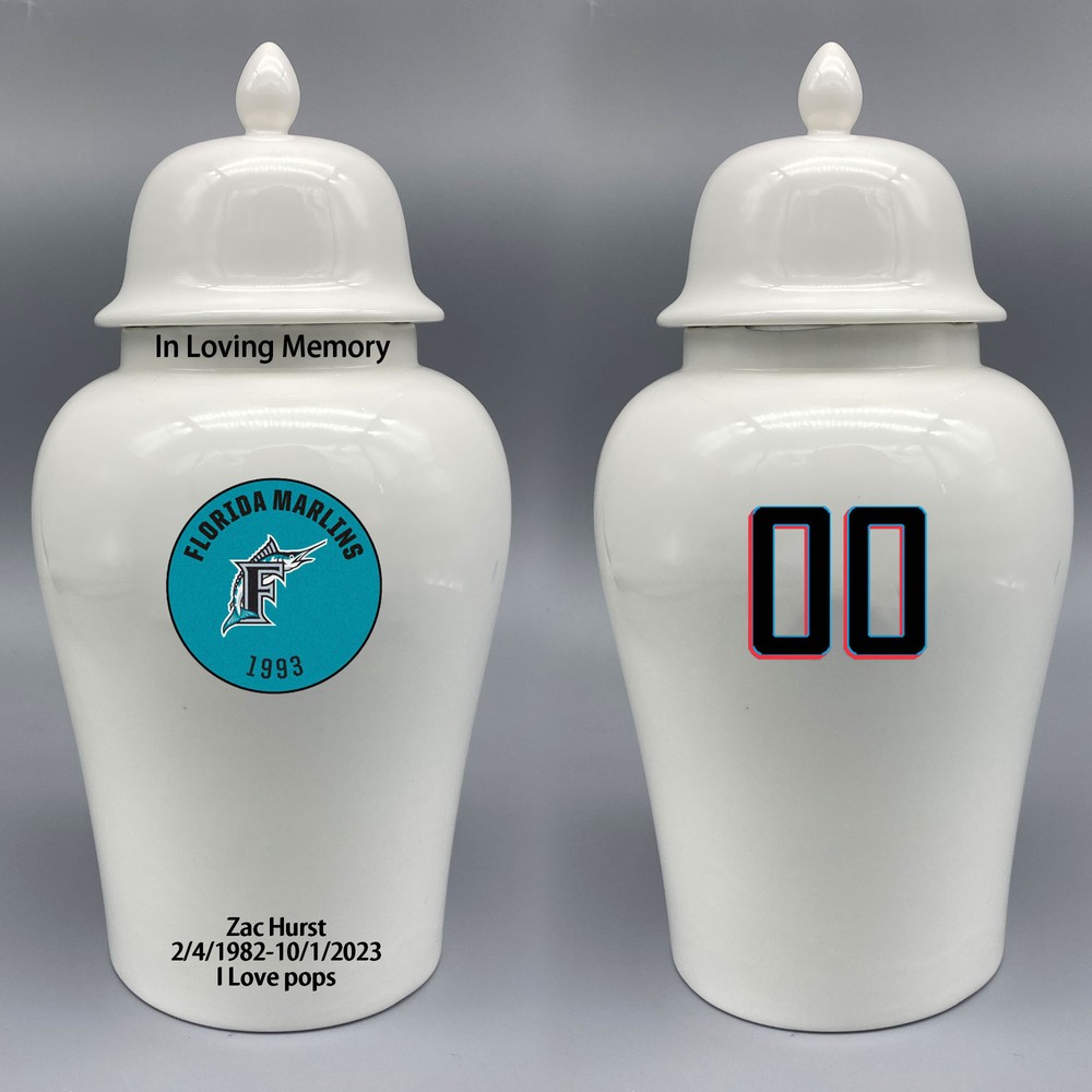 Ceramic Large Urn for Miami Marlins Baseball Theme, Custom Text & Number