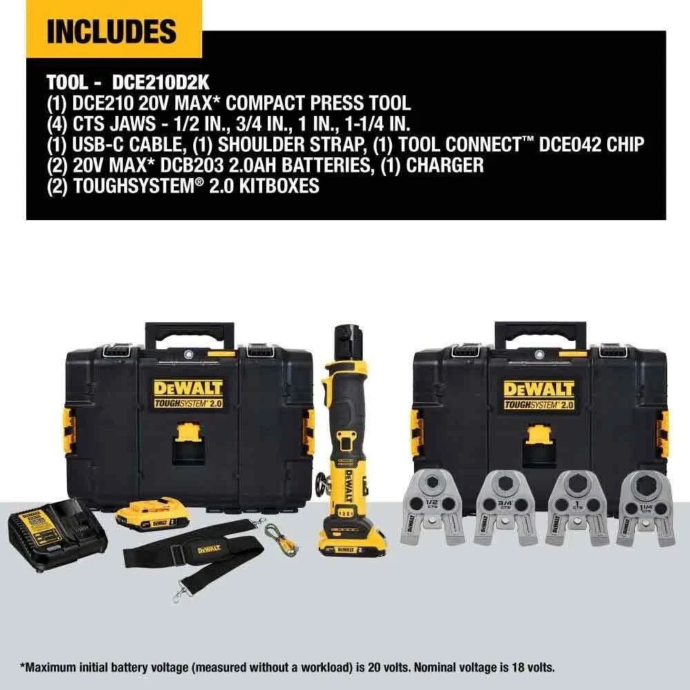 New Dewalt 20V DCE210D2K COMPACT PRESS TOOL AND JAWS KIT