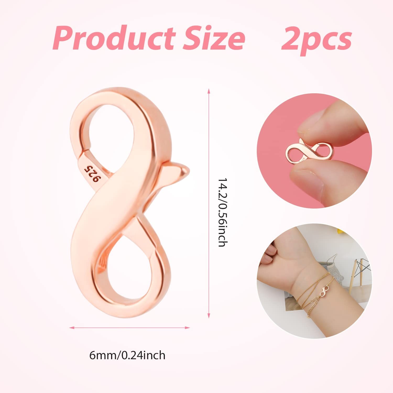 2pcs Double Opening Lobster Clasps, Rose Gold 925 Sterling Silver Lobster Cla...