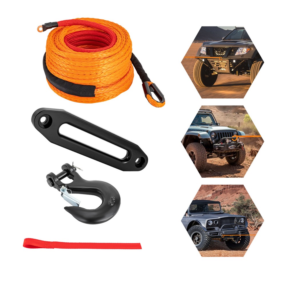 3/8" 100FT Synthetic Winch Rope – 23809 lbs Strength with Hook & Guide