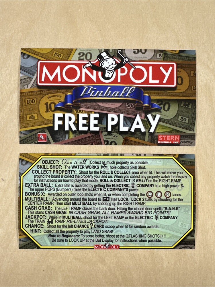 Stern Monopoly Pinball Apron Cards