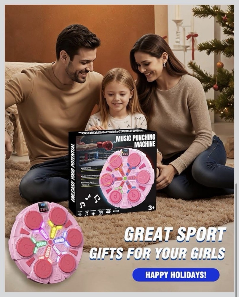 Boxing Strike Pad with Bluetooth, Rhythm Lights, Gloves, Adjustable Height, Pink