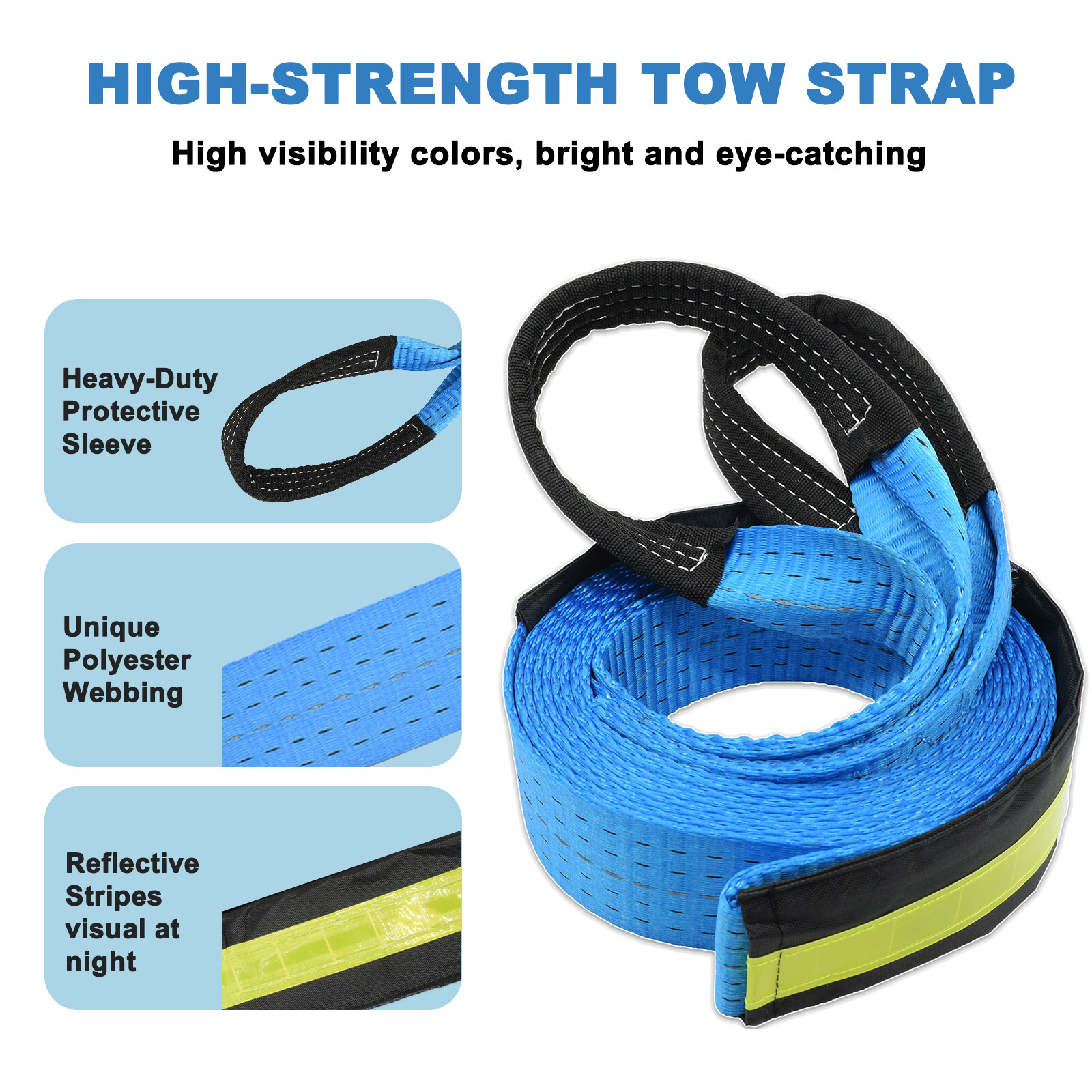 16' 8 Tons Heavy Duty Winch Tow Strap Towing Rope Road Recovery Emergency Tool