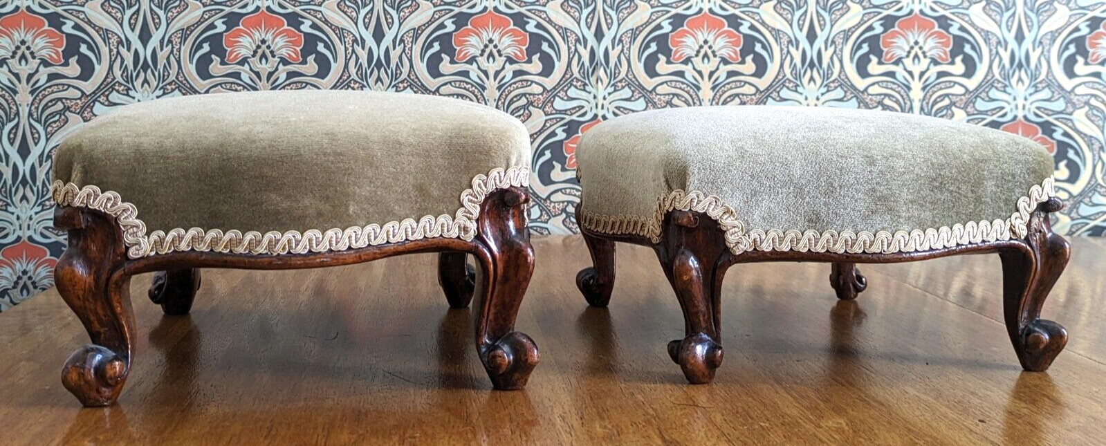 Pair of 19th Century Walnut Wood Cabriole Leg Green Footstools Victorian Antique
