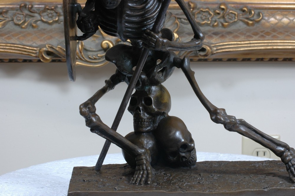 Signed Milo Bronze Statue, Bronze Skull Skeleton Warrior sculpture